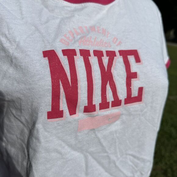 VTG 90s Y2k 2000s Nike Shirt Womens XL White Pink Spellout Crop Ringer Baby Tee - Picture 2 of 7